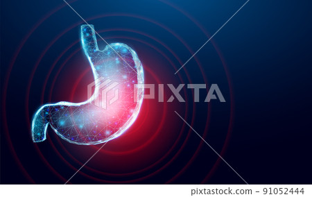 Human stomach pain. Wireframe low poly style. Concept for medical, pharmacology treatment of the digestive system. Abstract modern 3d vector illustration on dark blue background 91052444