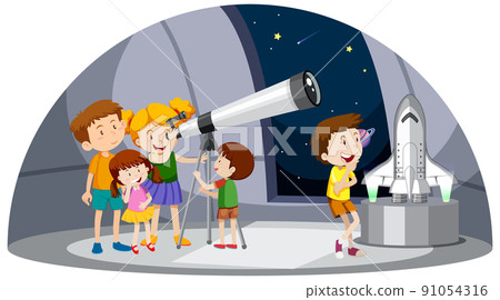 Astronomy theme with kids looking at telescope Astronomy theme with kids looking at telescope 91054316