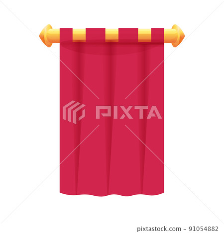 Red hanging medieval banner flag with cloth texture and golden decoration in cartoon style isolated on white background. Ui game asset, heraldic design element, 91054882