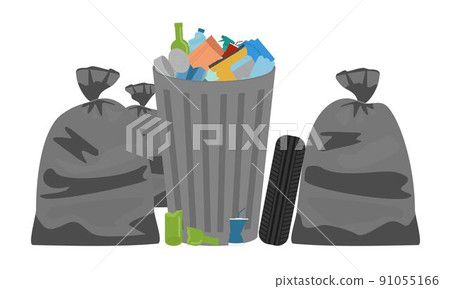 Garbage in a metal tank and in bags around. Unsorted waste. Garbage in a metal tank and in bags around. Unsorted waste. 91055166