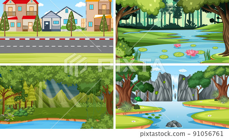Nature scene with many trees and river Nature scene with many trees and river 91056761