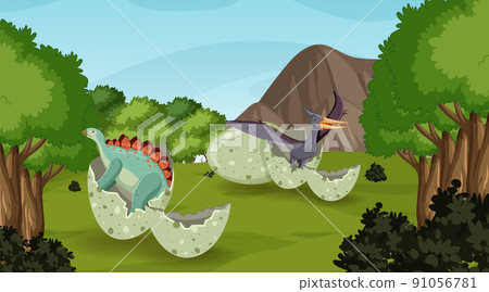 Dinosaur in prehistoric forest scene 91056781