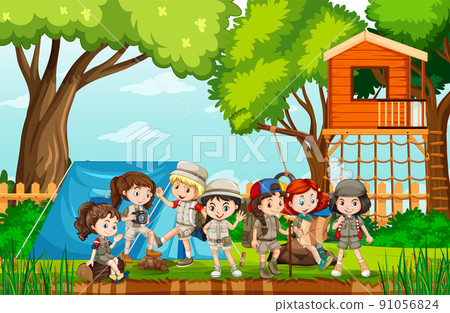 Scene of backyard with kids and fence 91056824