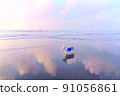 Corgi taking a walk along the shores of the sunrise 91056861