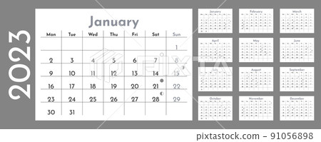 2023 calendar template with moon phases. Week starts on Monday 91056898