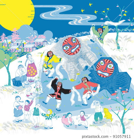 Vector illustration of people enjoying the traditional Korean festival "Bongsan Talchum". The traditional Korean attraction "Mask Dance Drama of Bongsan". Vector illustration of people enjoying the traditional Korean festival "Bongsan Talchum". The traditional Korean attraction "Mask Dance Drama of Bongsan". 91057911