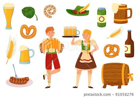 Oktoberfest elements. German munich festival food and drink, beer holiday, happy characters in folk traditional clothes, wooden barrel, mugs with foamy drinks, recent vector set Oktoberfest elements. German munich festival food and drink, beer holiday, happy characters in folk traditional clothes, wooden barrel, mugs with foamy drinks, recent vector set 91058276