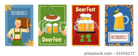 Oktoberfest cards. Mugs with beer, people in traditional costumes, waitress delivers drinks, bavarian sausage, holiday elements, vertical poster. Recent vector cartoon flat isolated set Oktoberfest cards. Mugs with beer, people in traditional costumes, waitress delivers drinks, bavarian sausage, holiday elements, vertical poster. Recent vector cartoon flat isolated set 91058277