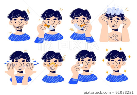 Man facial skin care. Funny guy shaves, washes his hair, apply cream, everyday hygiene stages, doodle style character drawing, stop acne concept, morning routine, swanky vector set Man facial skin care. Funny guy shaves, washes his hair, apply cream, everyday hygiene stages, doodle style character drawing, stop acne concept, morning routine, swanky vector set 91058281