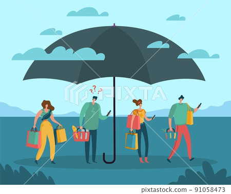 Consumer protection. Quality assurance and product insurance, online support service, safety of purchase, men and women with shopping bags under umbrella. Vector cartoon flat concept Consumer protection. Quality assurance and product insurance, online support service, safety of purchase, men and women with shopping bags under umbrella. Vector cartoon flat concept 91058473