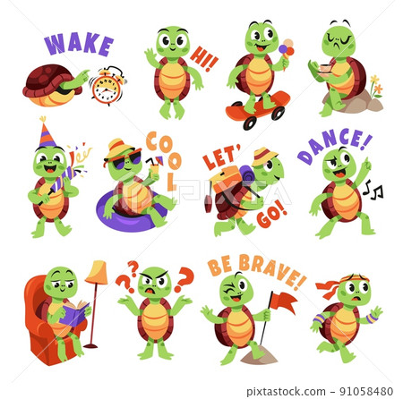 Cartoon turtle. Cute funny animals characters, smiling little turtle in different poses, actions and emotions, comic mascot with various phrases, stickers collection, tidy vector set 91058480