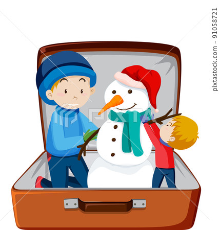 Christmas theme with dad and son build a snowman in a luggage on white background Christmas theme with dad and son build a snowman in a luggage on white background 91058721