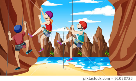 Rock climbing on cliff at the beach 91058723