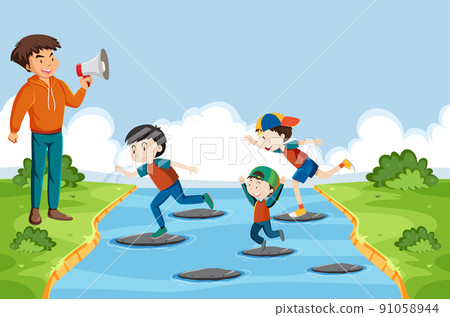 Kids playing red light green light game Kids playing red light green light game 91058944