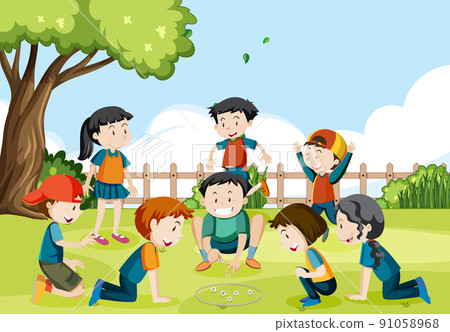 Outdoor park with children playing marbles 91058968