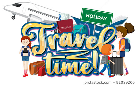 Travel Time typography design with passengers and plane Travel Time typography design with passengers and plane 91059206