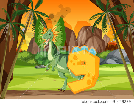 A dinosaur with number nine cartoon A dinosaur with number nine cartoon 91059229