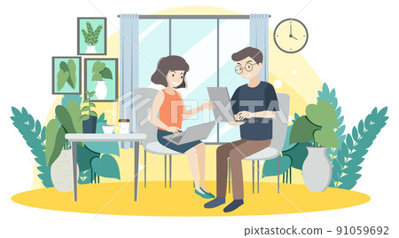 People working on laptop at home People working on laptop at home 91059692