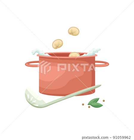 Vector illustration of a pot into which Russian dumplings are thrown. Cooking pelmenies. National food. Vector illustration of a pot into which Russian dumplings are thrown. Cooking pelmenies. National food. 91059962