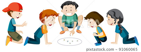 Children playing marbles on white background 91060065
