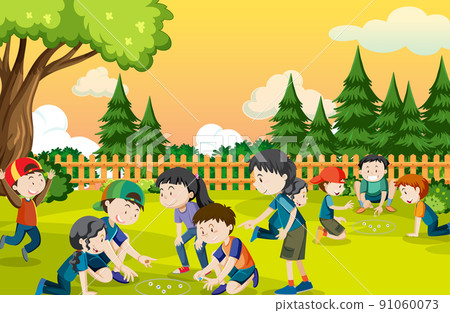 Outdoor park with children playing marbles 91060073