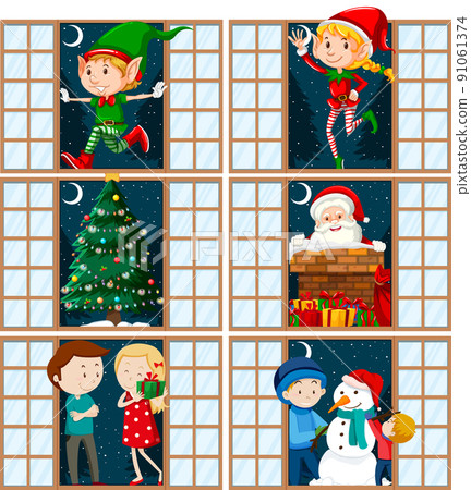 Christmas theme elf, Santa,snowman and family at the door 91061374