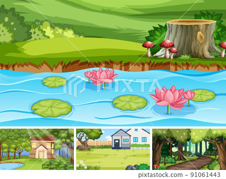 Nature scene with many trees and pond Nature scene with many trees and pond 91061443