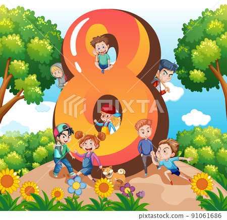 Eight kids with number eight cartoon 91061686