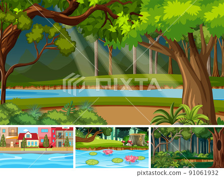 Nature scene with many trees and river Nature scene with many trees and river 91061932