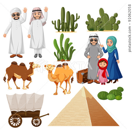 Arabic people with camel and cactus Arabic people with camel and cactus 91062058