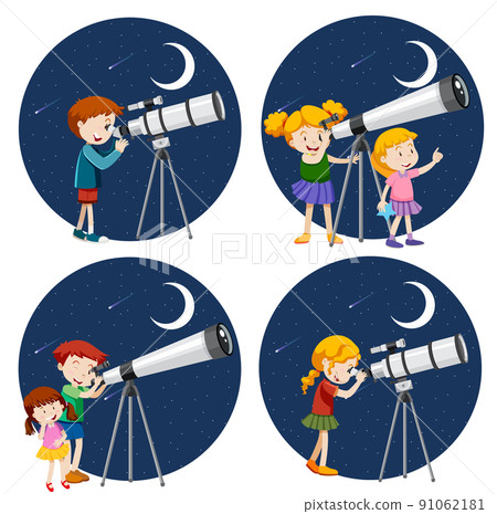 Set of different kids using telescope 91062181