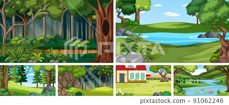 Nature scene with many trees and river Nature scene with many trees and river 91062246