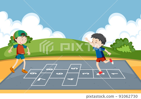 Children playing hopscotch game at the park 91062730