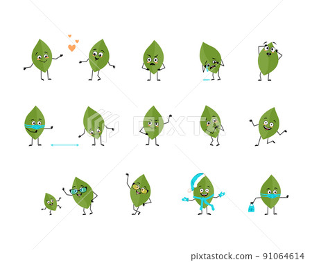 Set of green leaf character with happy or sad emotions, panic, loving or brave face, hands and legs. Person of plant with mask, glasses or hat. Vector flat illustration Set of green leaf character with happy or sad emotions, panic, loving or brave face, hands and legs. Person of plant with mask, glasses or hat. Vector flat illustration 91064614