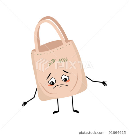 Cute character fabric bag with sad emotions, depressed face, down eyes, arms and legs. Shopper with melancholy face, ecological alternative to plastic bag. Vector flat illustration Cute character fabric bag with sad emotions, depressed face, down eyes, arms and legs. Shopper with melancholy face, ecological alternative to plastic bag. Vector flat illustration 91064615