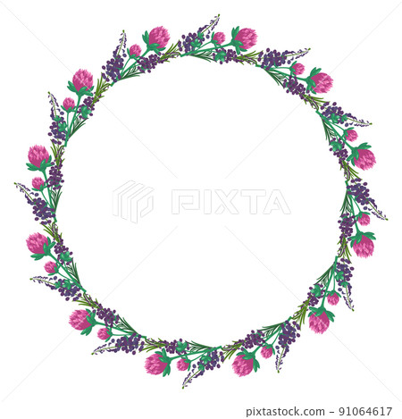 Wreath of pink clover flowers and purple wild plants. Round frame, cute bright plant with shamrock leaves. Festive decorations for wedding, holiday, card, poster and design. Vector flat illustration Wreath of pink clover flowers and purple wild plants. Round frame, cute bright plant with shamrock leaves. Festive decorations for wedding, holiday, card, poster and design. Vector flat illustration 91064617