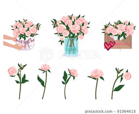 Hands are holding peonies. Bouquet delivery. Flowers in a vase, envelope and round box. Spring and summer plants, vector decoration Hands are holding peonies. Bouquet delivery. Flowers in a vase, envelope and round box. Spring and summer plants, vector decoration 91064618