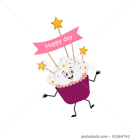 Cute cupcake character with joyful emotions, smile face, dancing, happy eyes, arms and legs. Sweet food with decorations, festive dessert Cute cupcake character with joyful emotions, smile face, dancing, happy eyes, arms and legs. Sweet food with decorations, festive dessert 91064742