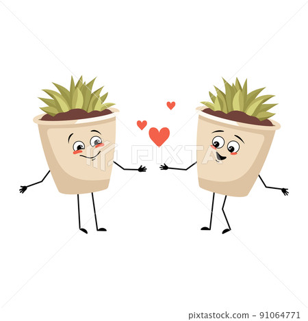 Cute character indoor plant in a pot with love emotions, smile face, arms and legs. Planter with succulent for interior decoration fall in love 91064771