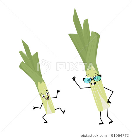Cute green leek character with glasses and grandchild dancing with happy emotion, smile eyes, arms and legs. Healthy vegetable with expression and posture, rich in vitamins. Vector flat illustration Cute green leek character with glasses and grandchild dancing with happy emotion, smile eyes, arms and legs. Healthy vegetable with expression and posture, rich in vitamins. Vector flat illustration 91064772