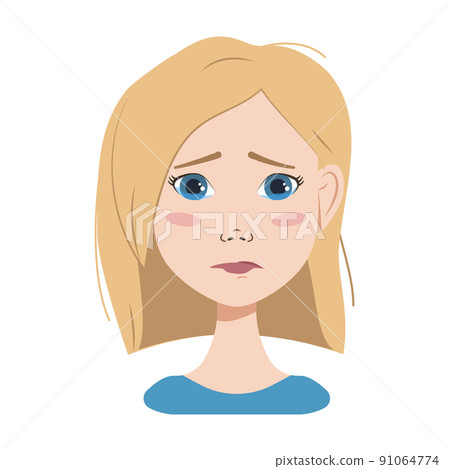 Face of a woman with blond hair, blue eyes and a bob haircut. Different emotions, happy, sad, surprised, joyful, distressed, angry facial expressions. Fashion avatar in flat vector art 91064774