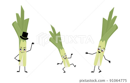 Family of green leek character with happy emotions and poses, smile face, eyes, arms and legs. Mom is happy, dad is wearing hat and child with dancing pose. Vector flat illustration 91064775