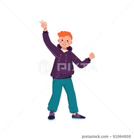 A boy with red curly hair and freckles in a jacket, jeans and sneakers smiles. Happy child is dancing. Teenager with a face in casual clothes. World International children day. Vector illustration 91064808