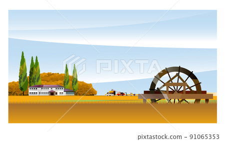 一個美麗的日本山村，有一座古老的民居。人們在秋收的時候努力收割稻穀。它是 91065353