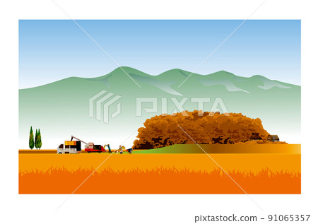 一個美麗的日本山村，有一座古老的民居。人們在秋收的時候努力收割稻穀。它是 91065357