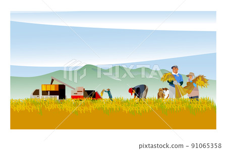 一個美麗的日本山村，有一座古老的民居。人們在秋收的時候努力收割稻穀。它是 91065358