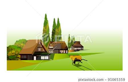 A beautiful Japanese mountain village with an old folk house. People working hard to harvest rice in the fall of harvest. It was 91065359