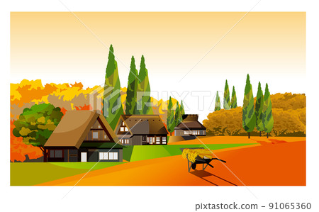 A beautiful Japanese mountain village with an old folk house. People working hard to harvest rice in the fall of harvest. It was 91065360