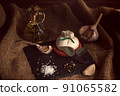 A beautiful composition with burata cheese in a rustic style 91065582