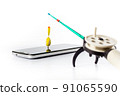 winter fishing rod with float in smartphone screen. concept of waiting information 91065590